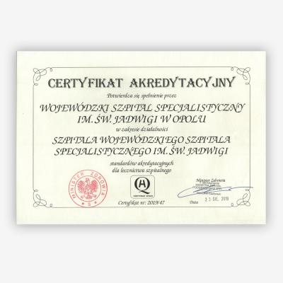 Certyfikat Akredytacyjny w zakresie lecznictwa szpitalnego.