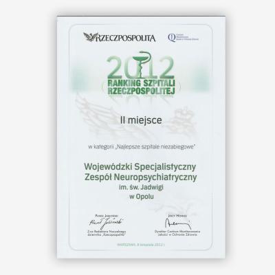 Ranking szpitali Rzeczpospolitej 2012 - II miejsce w kategorii 